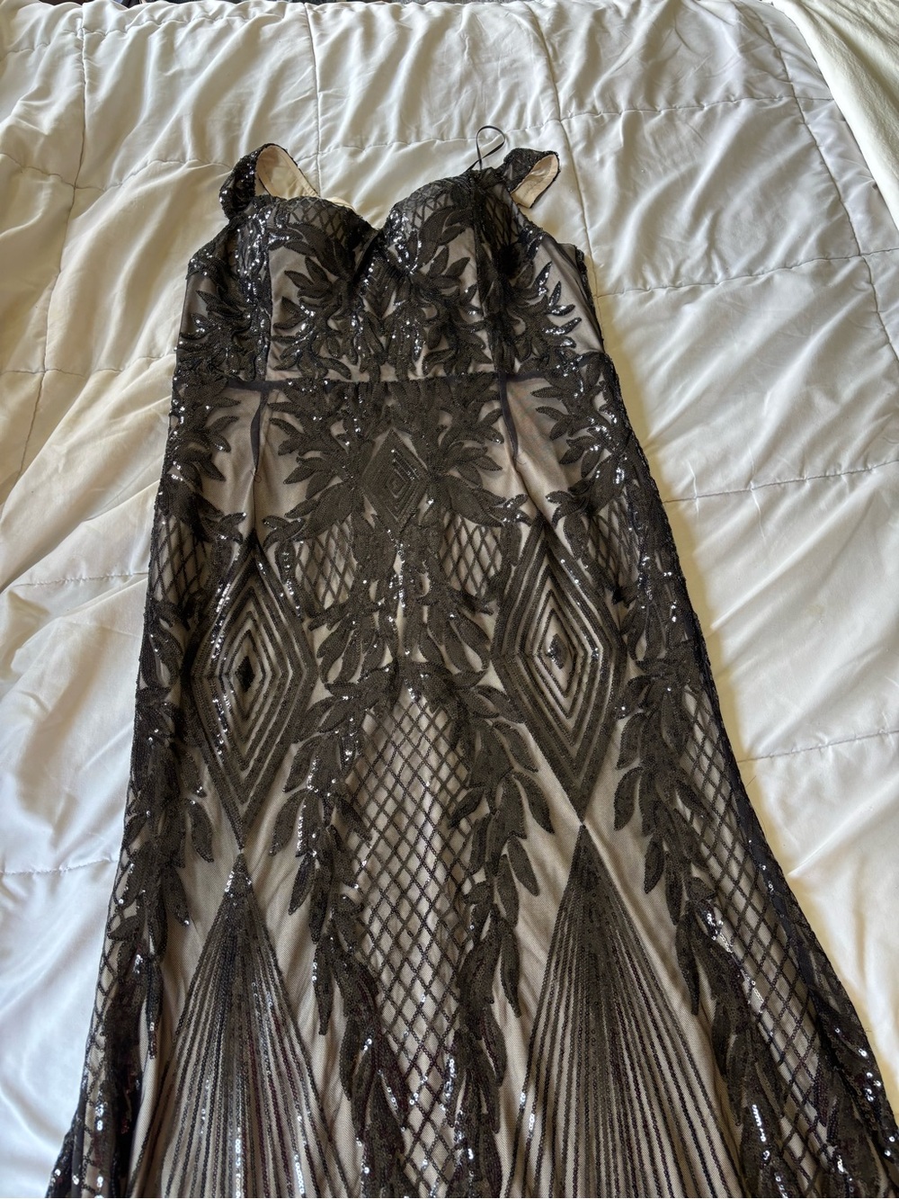 Black Sequin Lace Overlay Evening Dress